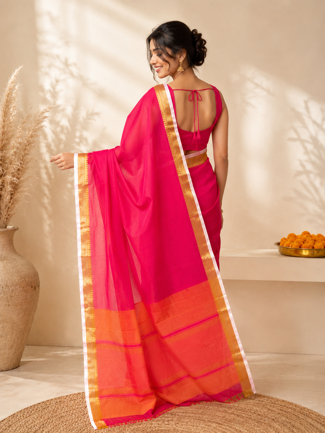 Hovered image of Red Handwoven Mangalgiri Pure Cotton Saree With Faux Golden Zari On Border
