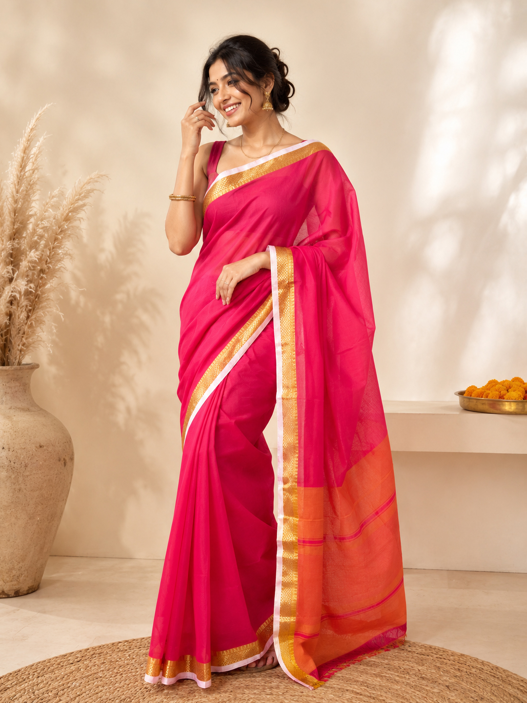 Red Handwoven Mangalgiri Pure Cotton Saree With Faux Golden Zari On Border