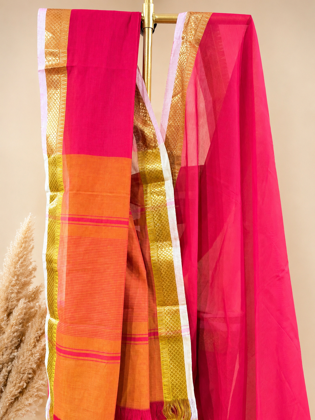  Red Handwoven Mangalgiri Pure Cotton Saree With Faux Golden Zari On Border Front view