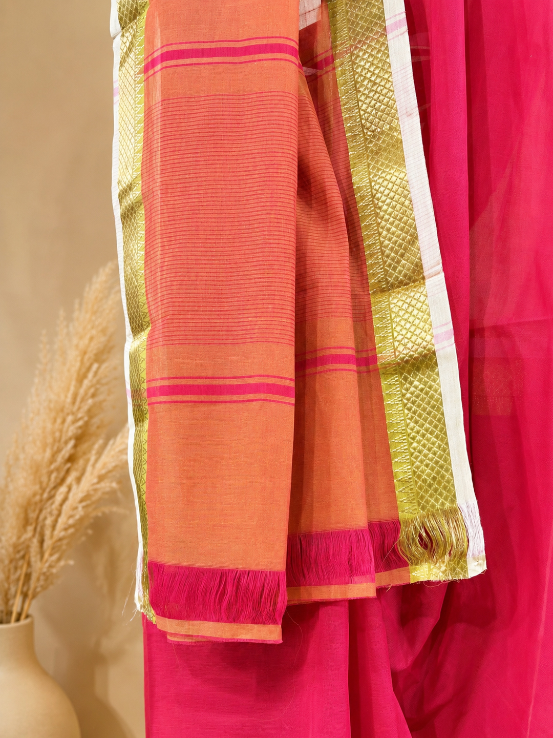  Red Handwoven Mangalgiri Pure Cotton Saree With Faux Golden Zari On Border Front view