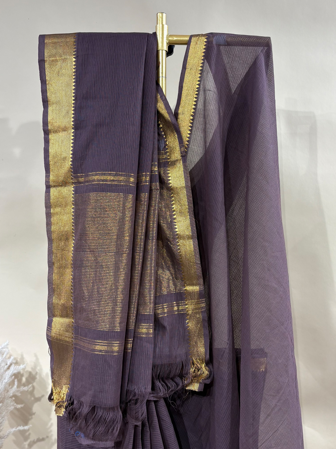 Brown Handwoven Mangalgiri Pure Cotton Saree With Faux Golden Zari On Border - View 7