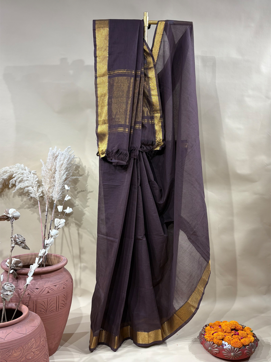Brown Handwoven Mangalgiri Pure Cotton Saree With Faux Golden Zari On Border