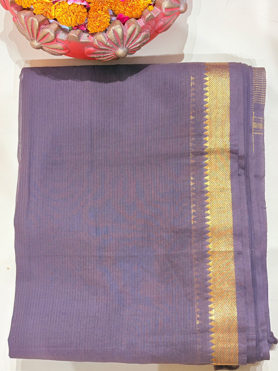 Hovered view of Brown Handwoven Mangalgiri Pure Cotton Saree With Faux Golden Zari On Border