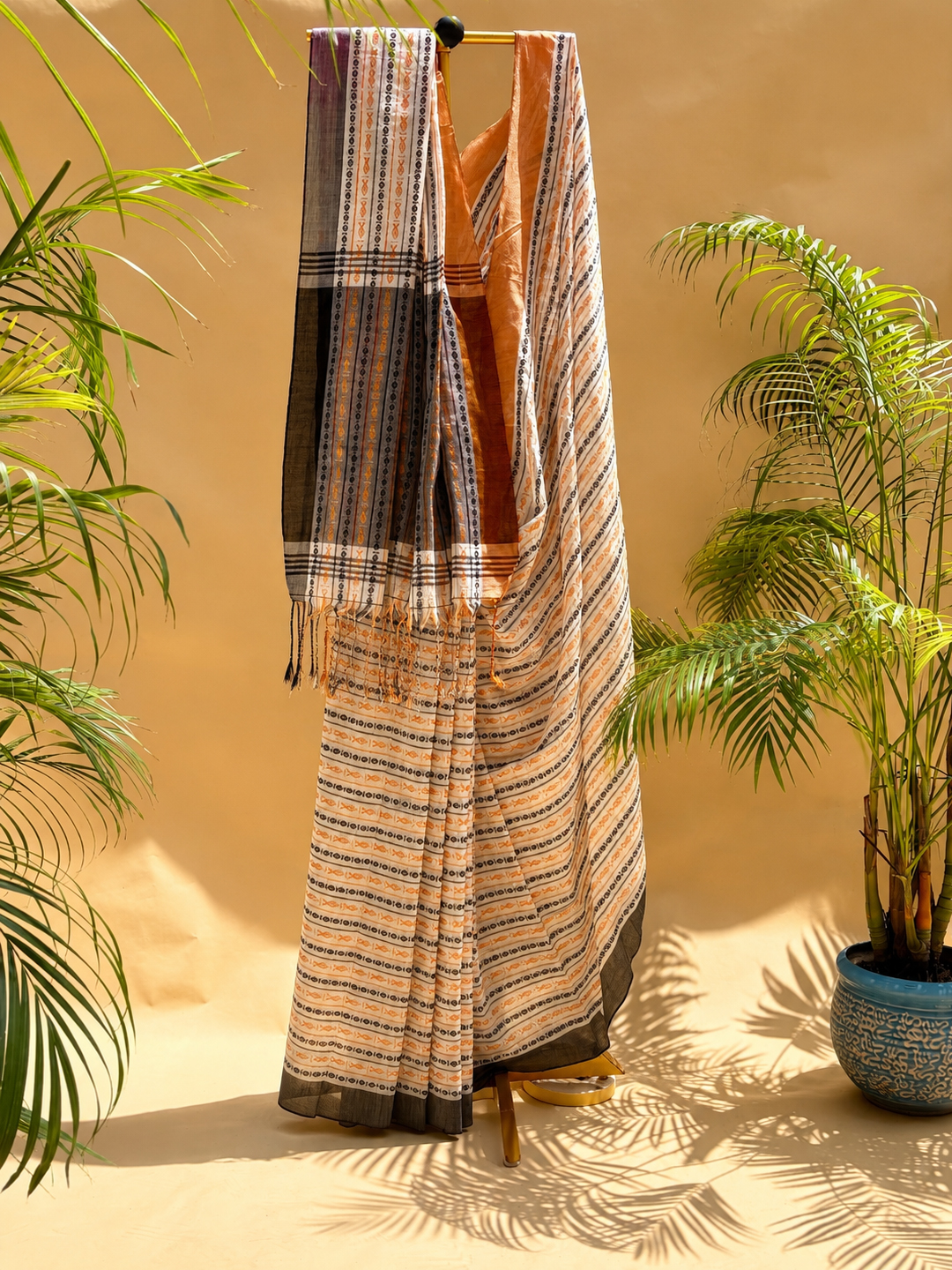 Peach Bengal Begumpuri Cotton Saree With Fish Motif Weaving