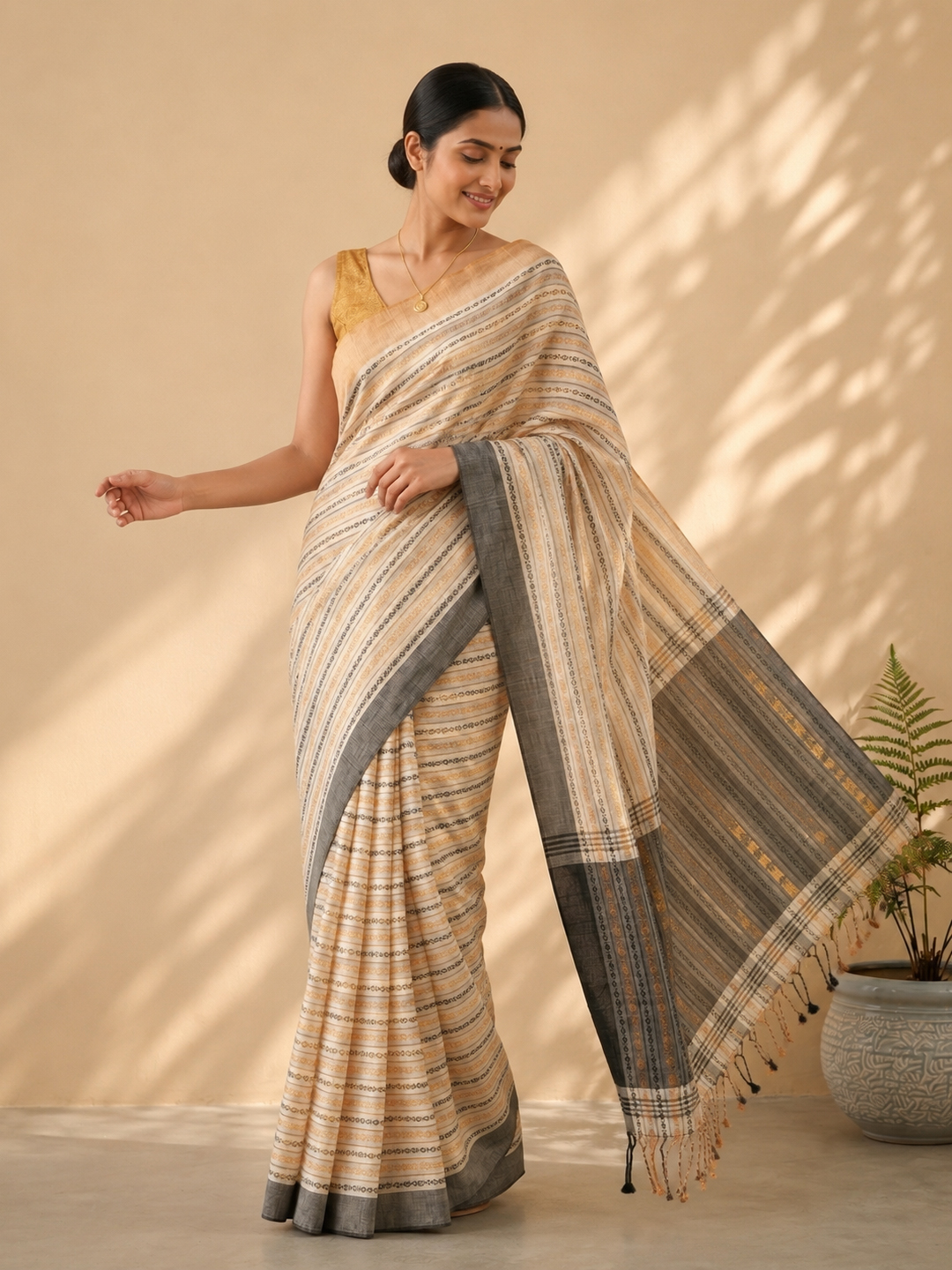 Peach Bengal Begumpuri Cotton Saree With Fish Motif Weaving
