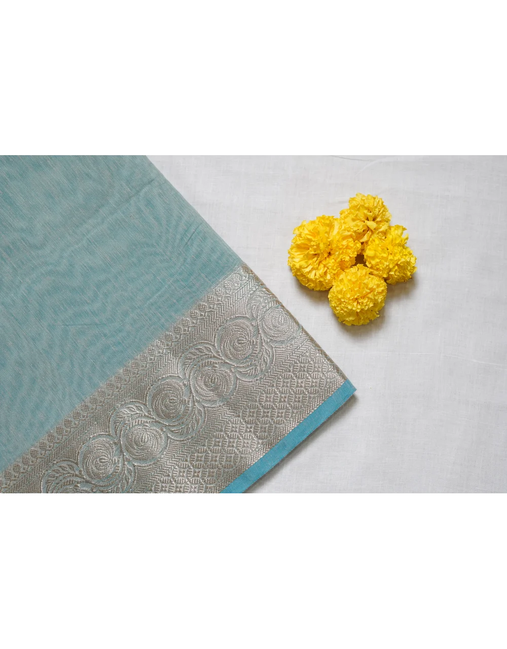 Light Blue Silver Zari Banarasi Linen Saree - View 3