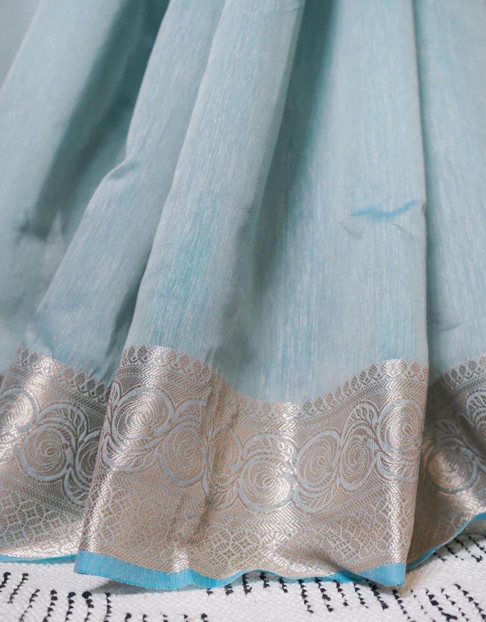 Light Blue Silver Zari Banarasi Linen Saree - View 5