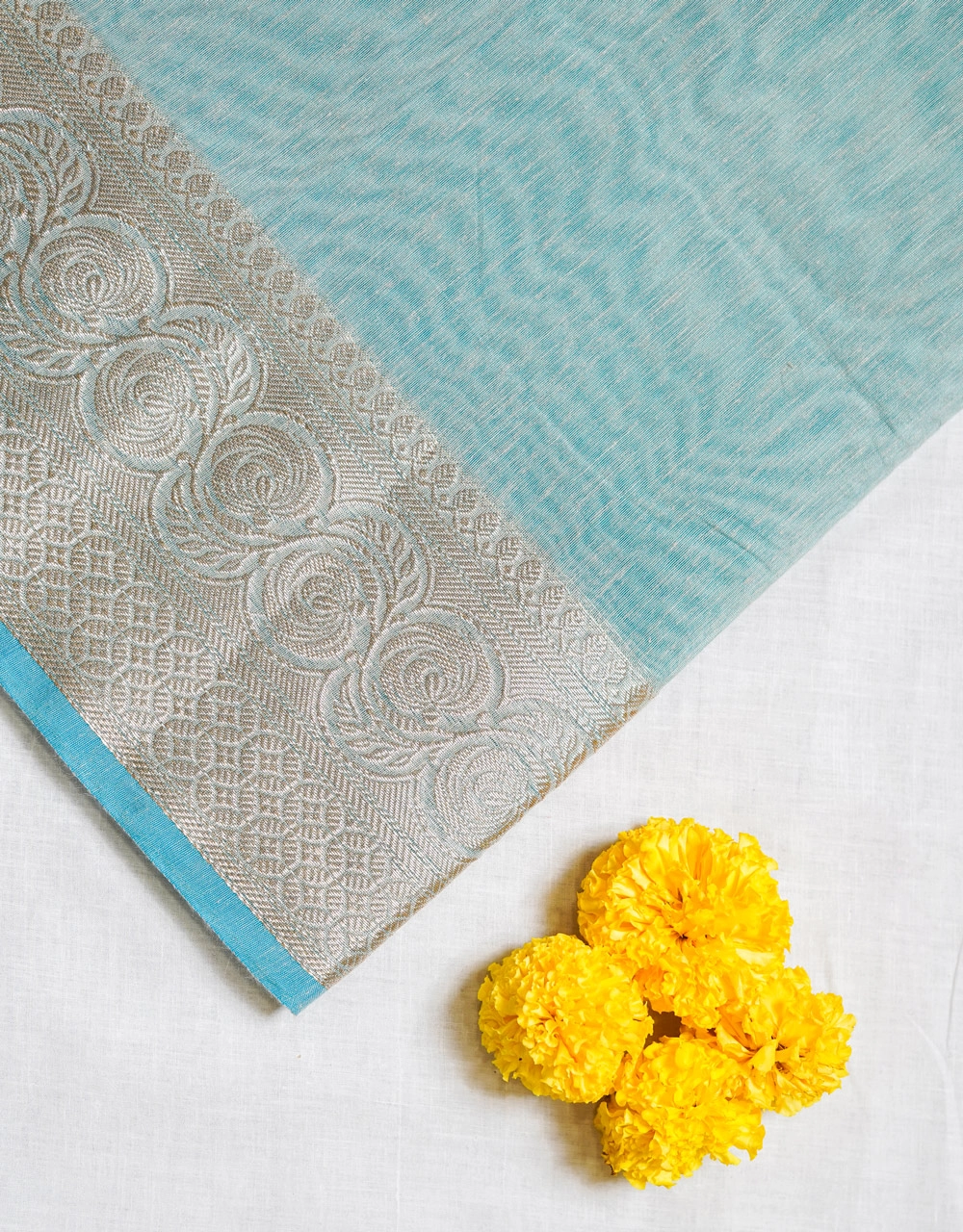 Light Blue Silver Zari Banarasi Linen Saree - View 3