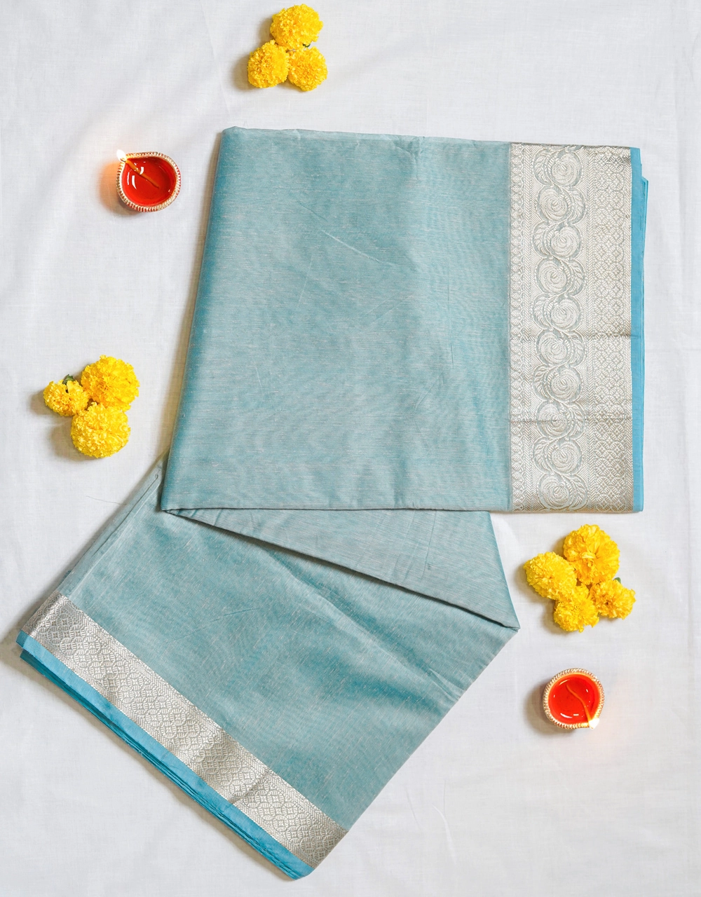 Hovered view of Light Blue Silver Zari Banarasi Linen Saree