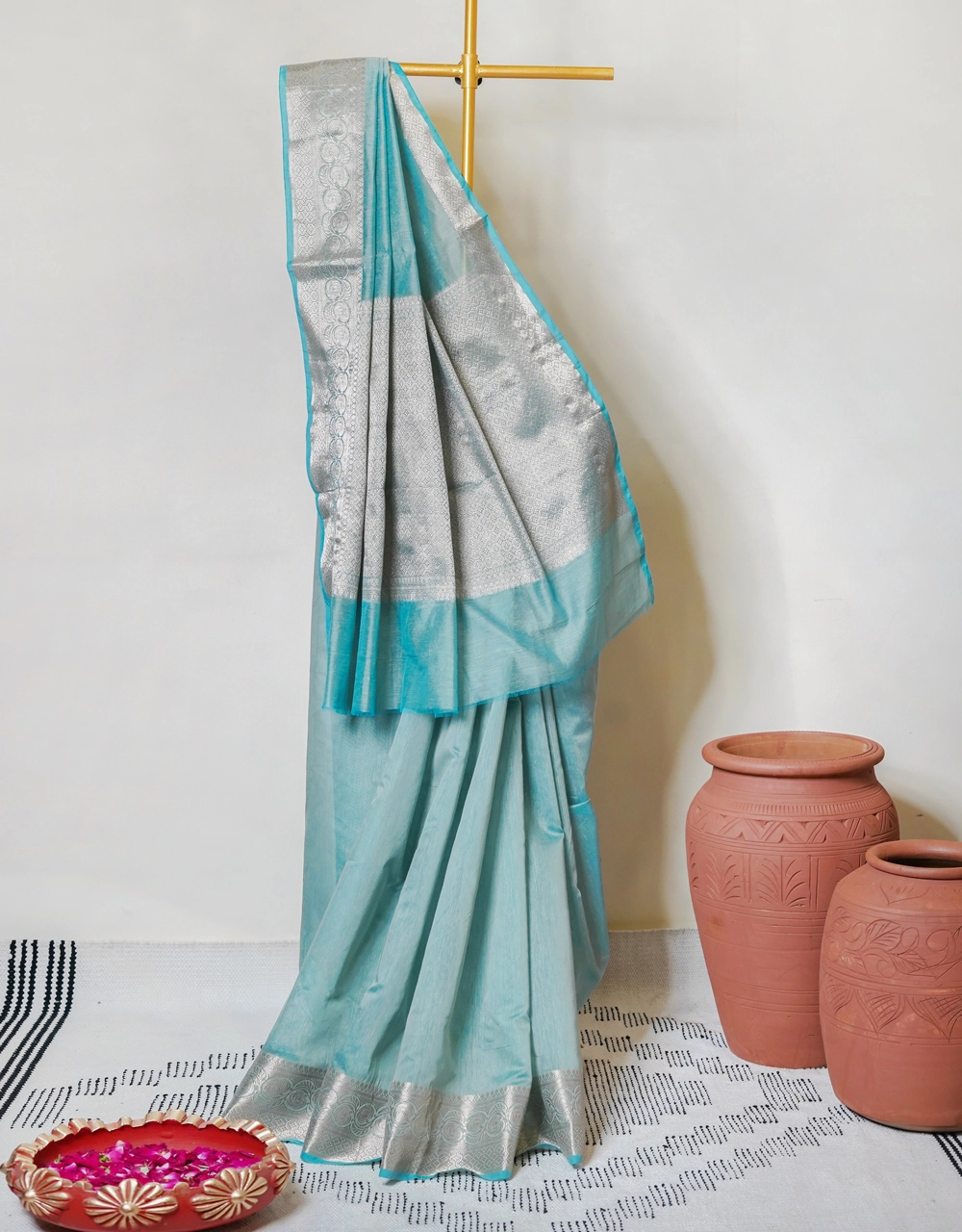 Light Blue Silver Zari Banarasi Linen Saree