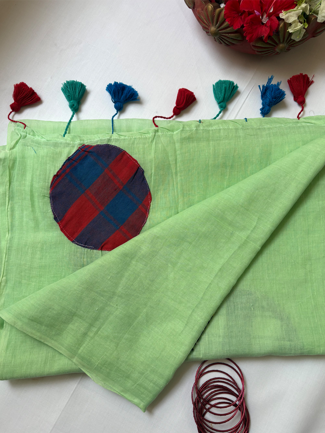 Green Bengal Mul Cotton Patch Work Saree - View 7