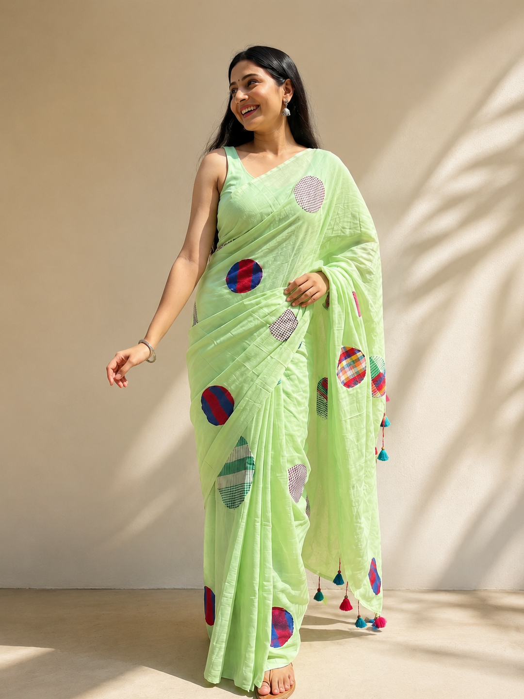 Green Bengal Mul Cotton Patch Work Saree