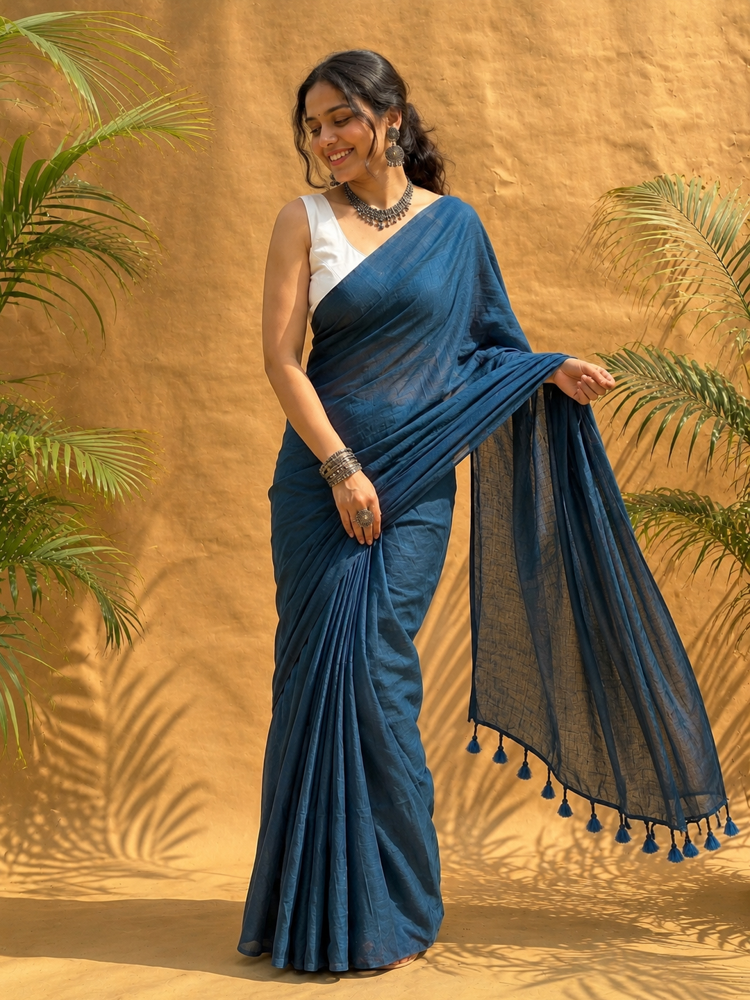 Indigo Bengal Cotton Saree With Designer Printed Blouse Piece