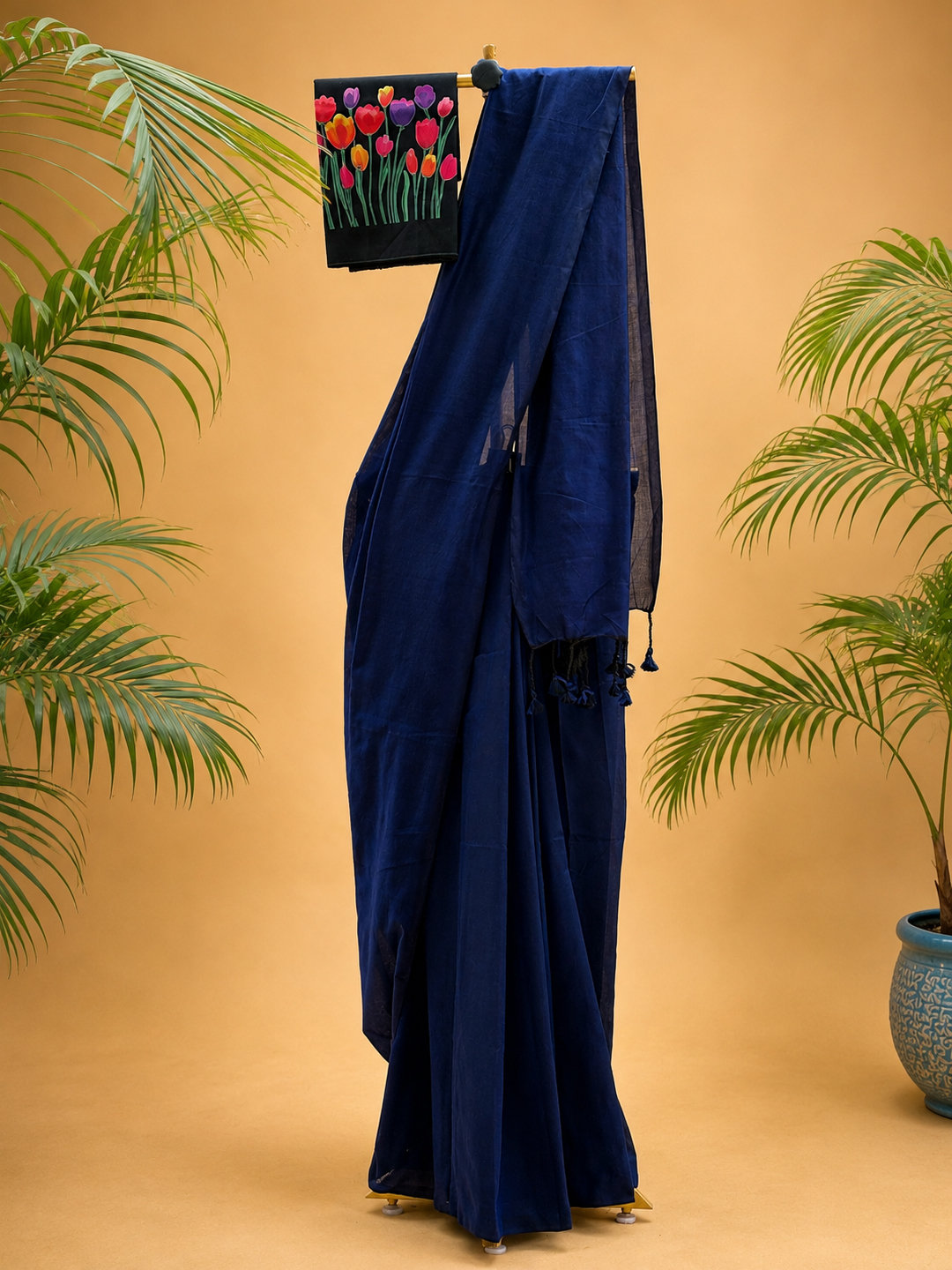 Blue Bengal Cotton Saree With Designer Printed Blouse Piece