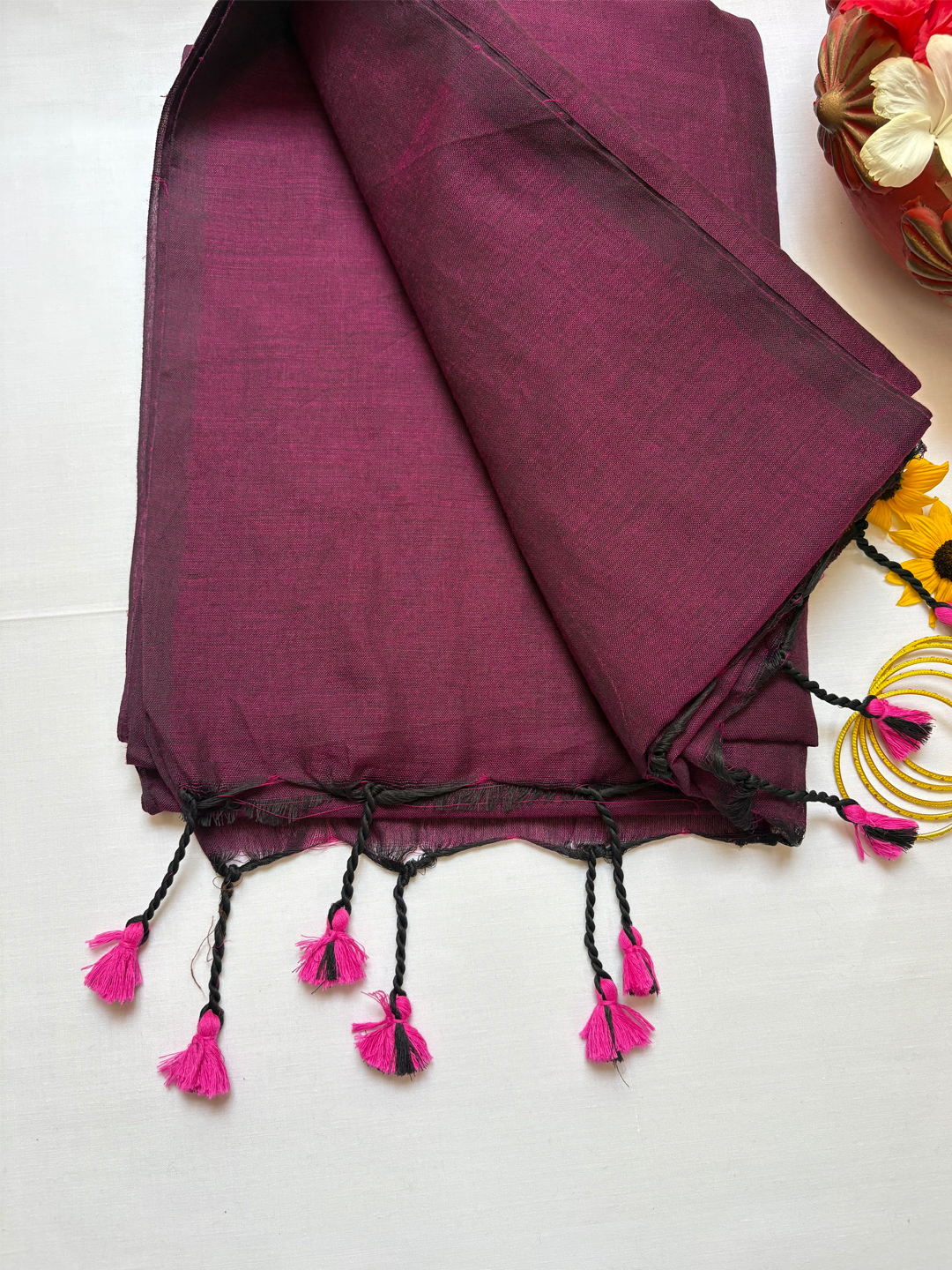 Wine Bengal Cotton Saree With Designer Printed Blouse Piece - View 8