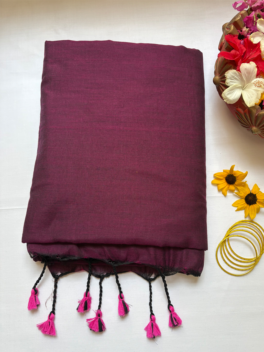 Wine Bengal Cotton Saree With Designer Printed Blouse Piece - View 7