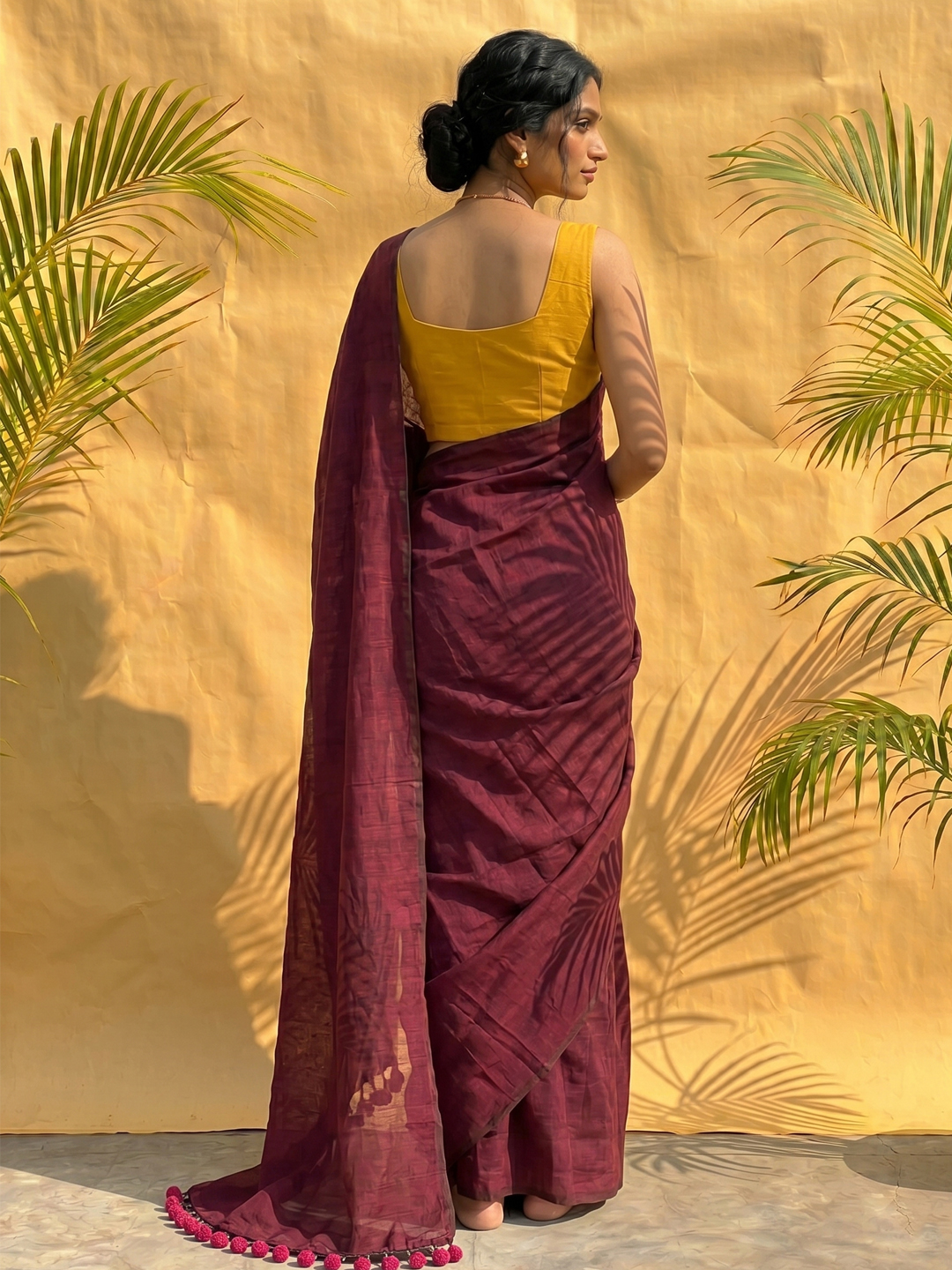 Hovered view of Wine Bengal Cotton Saree With Designer Printed Blouse Piece Aloki Enterprises