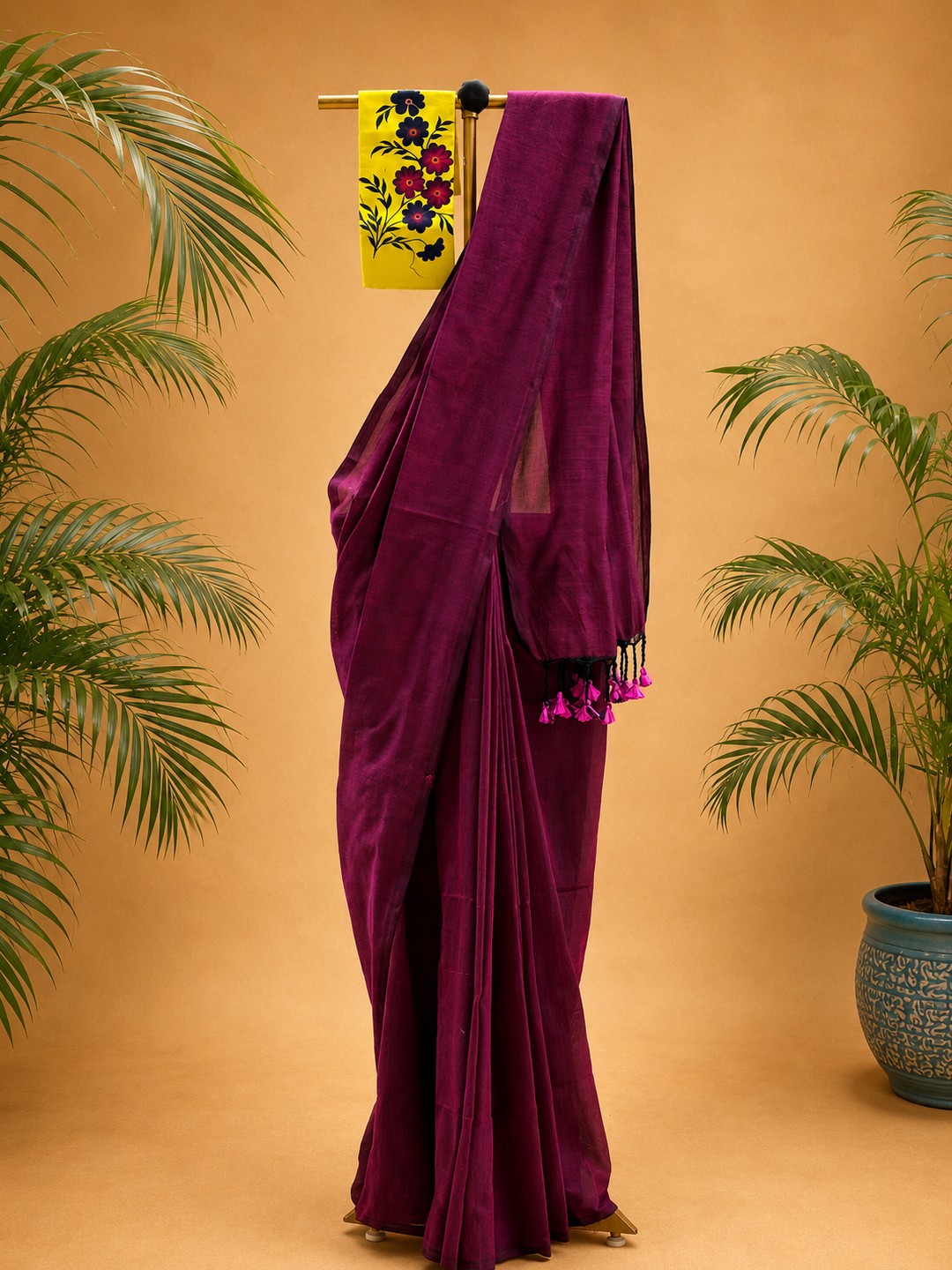 Wine Bengal Cotton Saree With Designer Printed Blouse Piece Aloki Enterprises - View 3