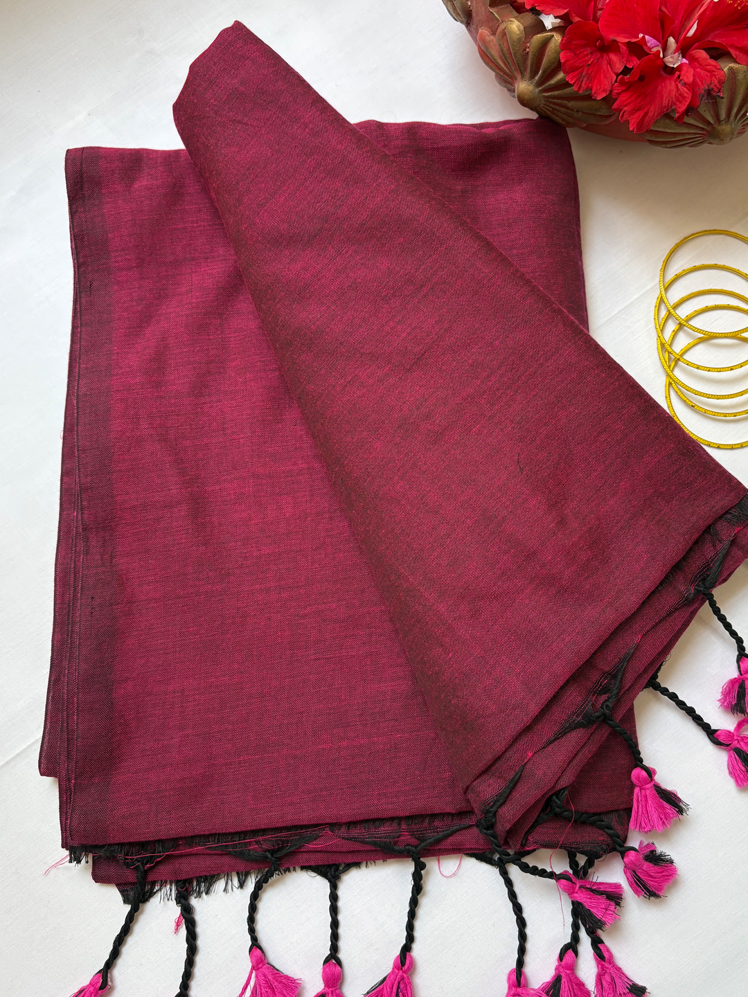 Wine Bengal Cotton Saree With Designer Printed Blouse Piece Aloki Enterprises - View 7