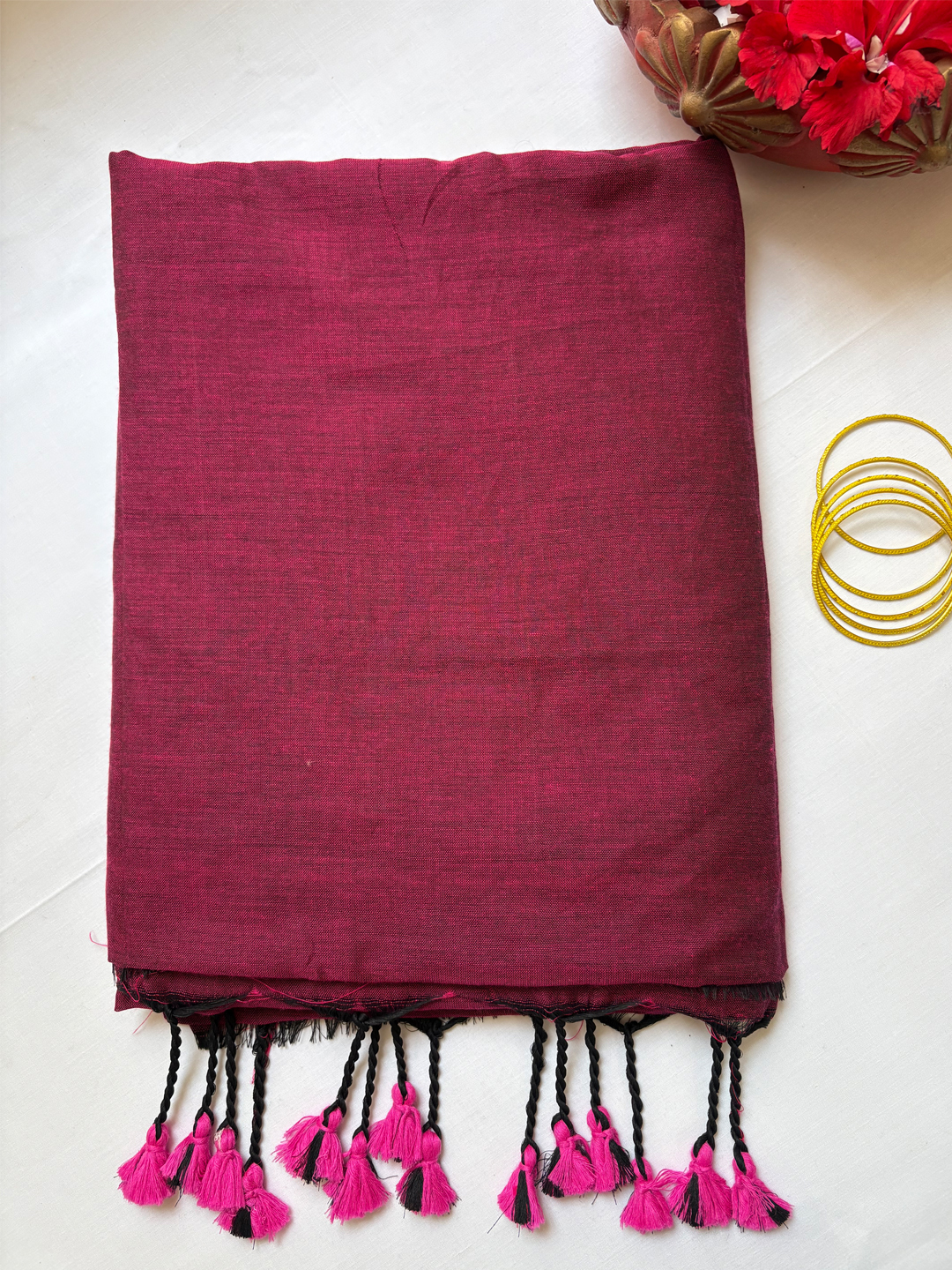 Wine Bengal Cotton Saree With Designer Printed Blouse Piece Aloki Enterprises - View 6