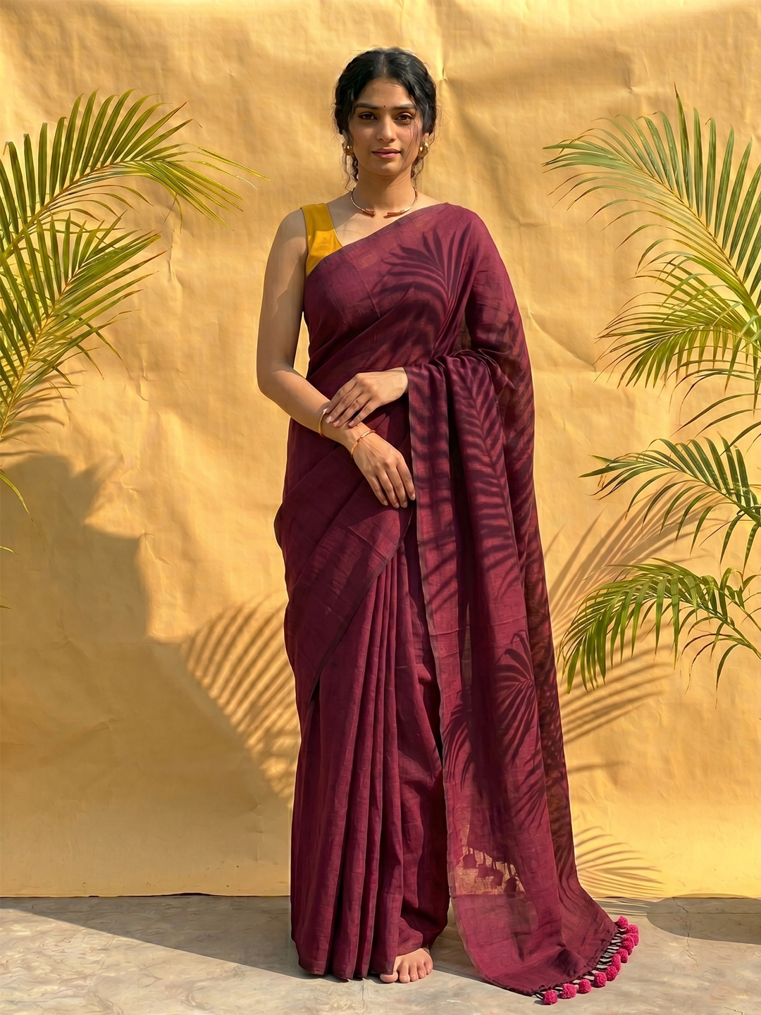Wine Bengal Cotton Saree With Designer Printed Blouse Piece Aloki Enterprises