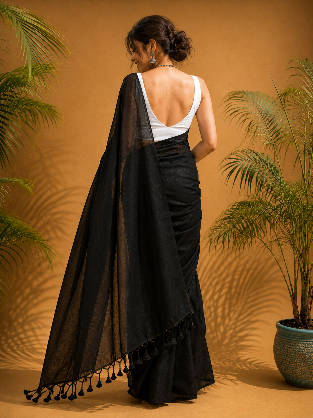 Black Bengal Cotton Saree With Designer Printed Blouse Piece Aloki Enterprises