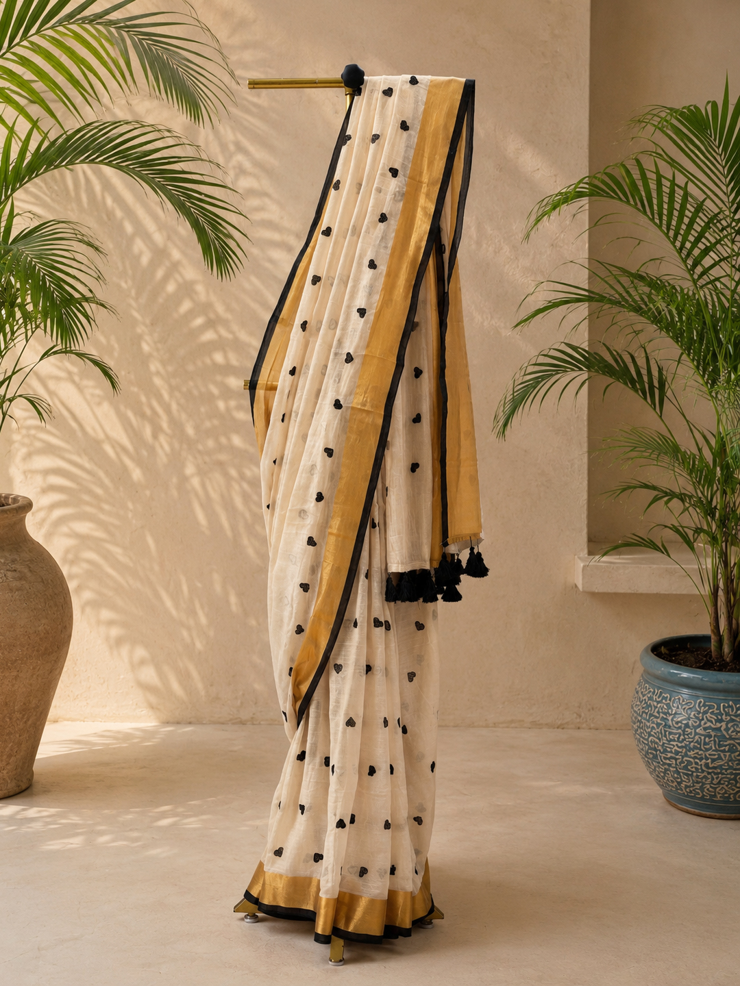 Grey Bengal Mul Cotton Saree With Heart Embroidery Work