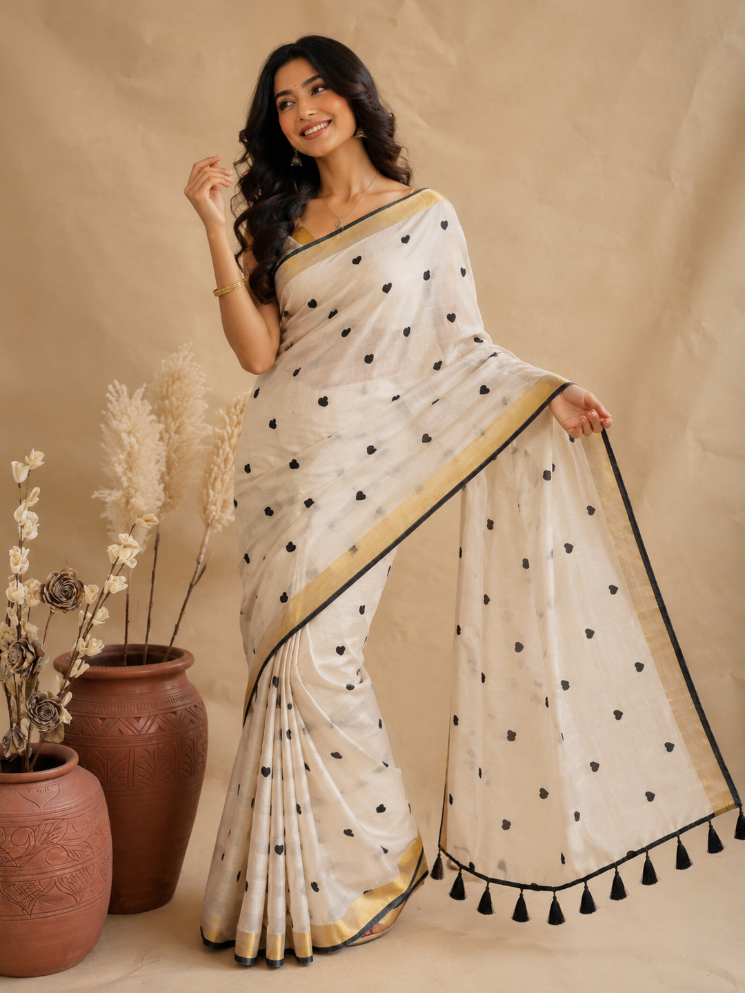 Grey Bengal Mul Cotton Saree With Heart Embroidery Work