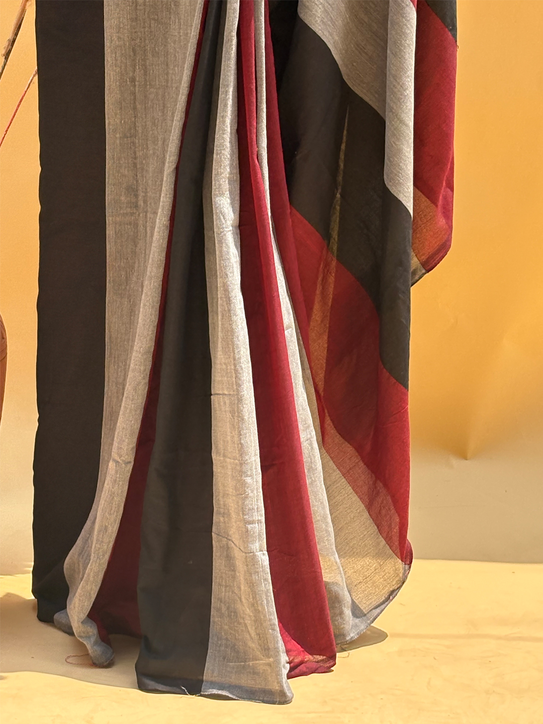 Black Bengal Khadi Cotton MultiStripe Saree - View 6