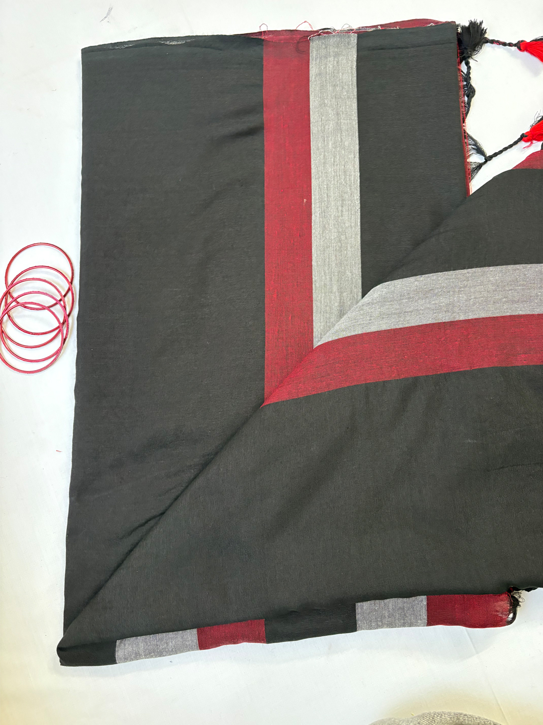 Black Bengal Khadi Cotton MultiStripe Saree - View 8