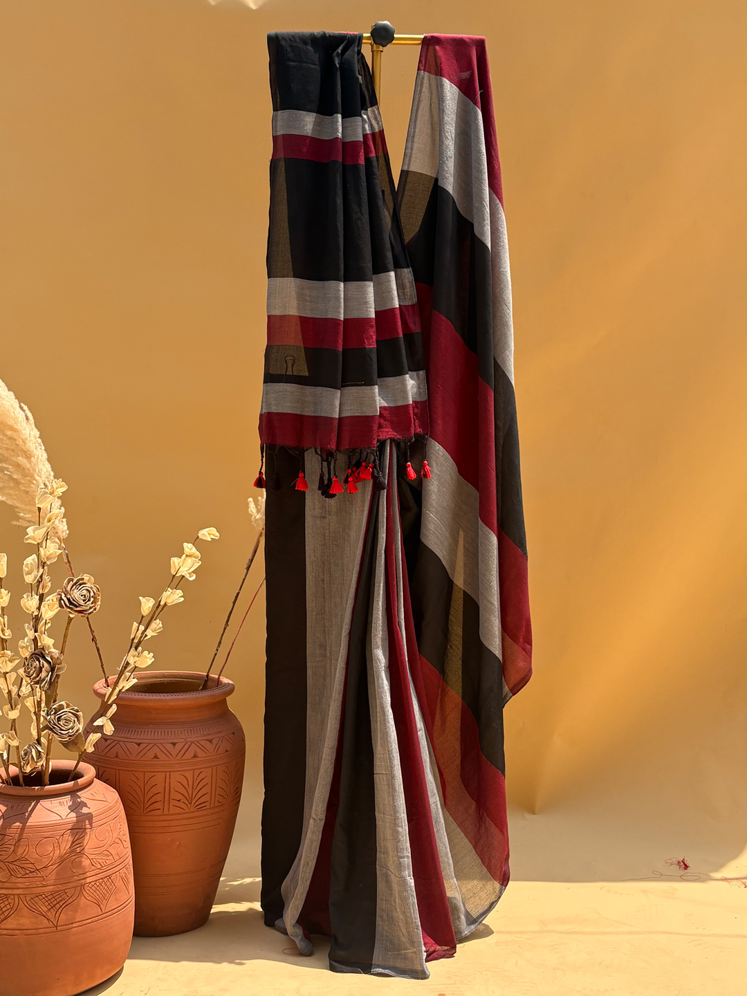 Black Bengal Khadi Cotton MultiStripe Saree - View 3