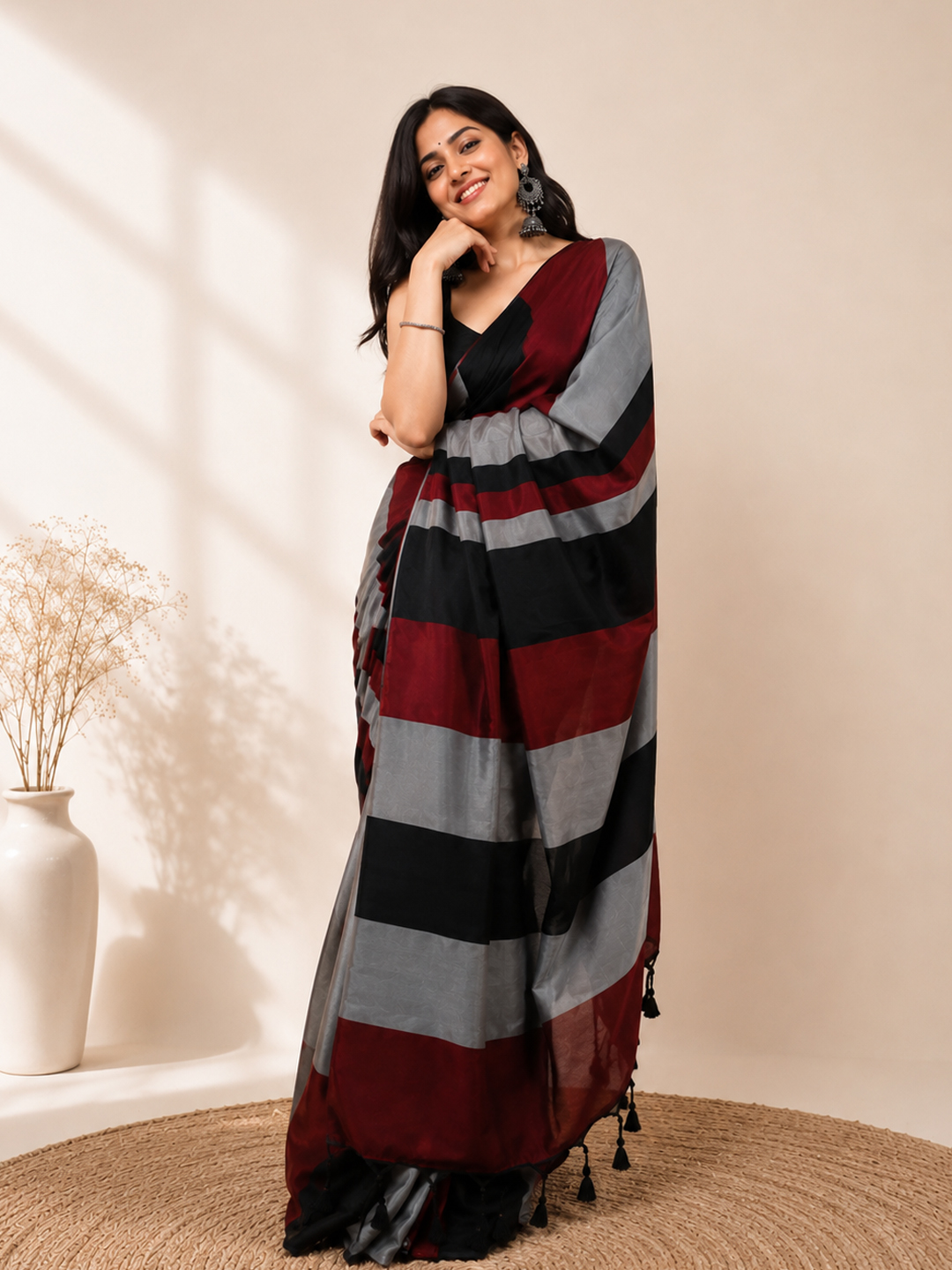 Black Bengal Khadi Cotton MultiStripe Saree