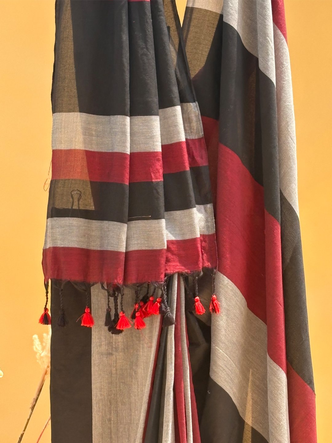 Black Bengal Khadi Cotton MultiStripe Saree - View 5