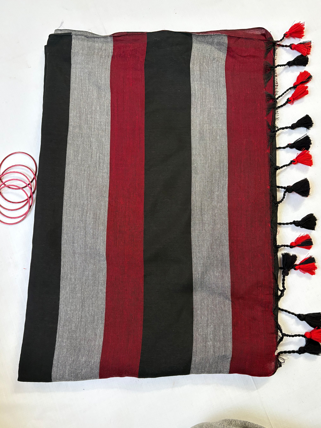 Black Bengal Khadi Cotton MultiStripe Saree - View 7
