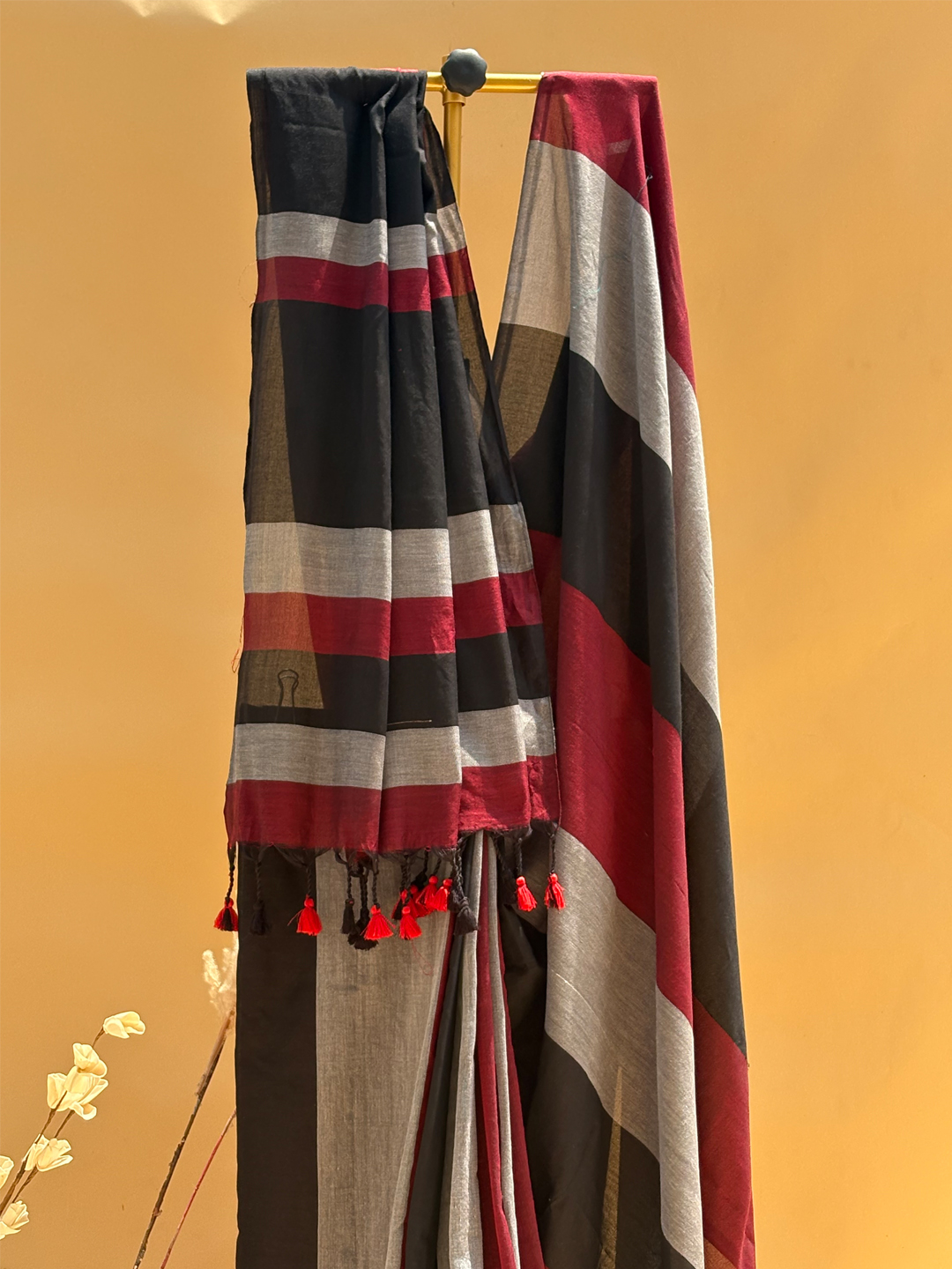 Black Bengal Khadi Cotton MultiStripe Saree - View 4