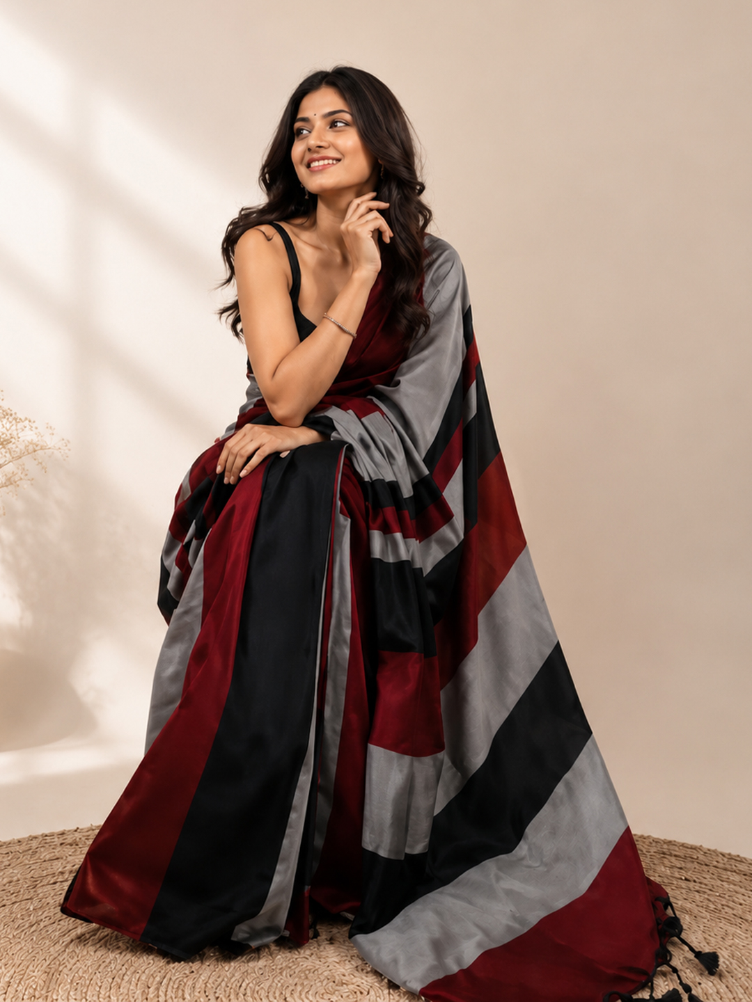 Black Bengal Khadi Cotton MultiStripe Saree