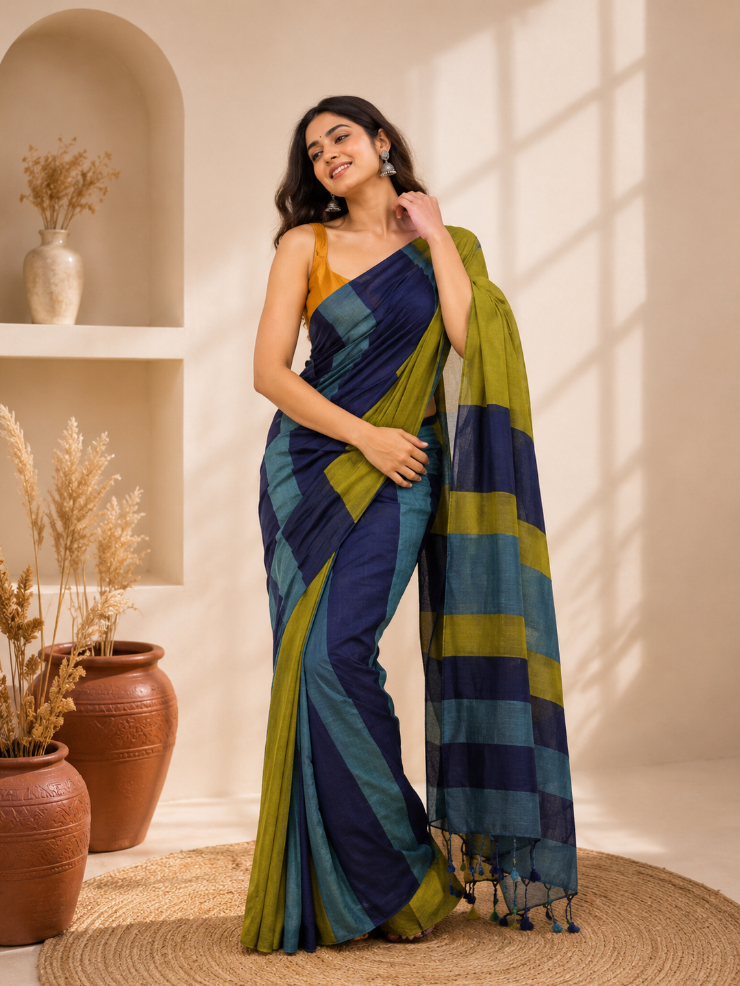 Multicolour Bengal Khadi Cotton MultiStripe Saree 2 - View 1