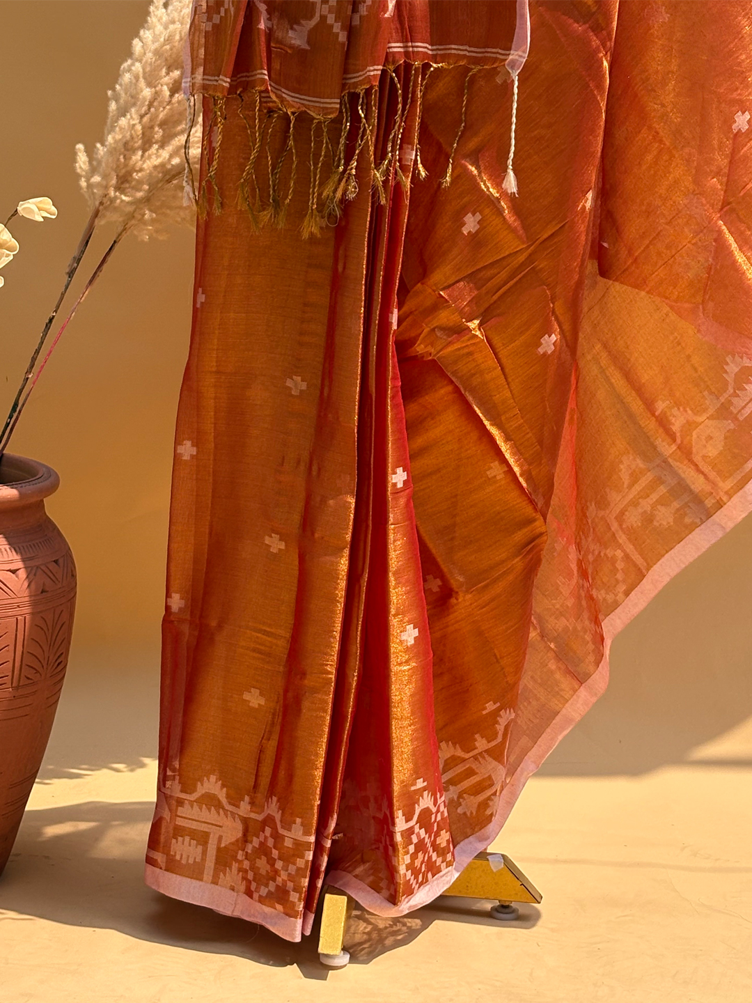 Orange Bengal Tissue Jamdani Work Saree - View 5