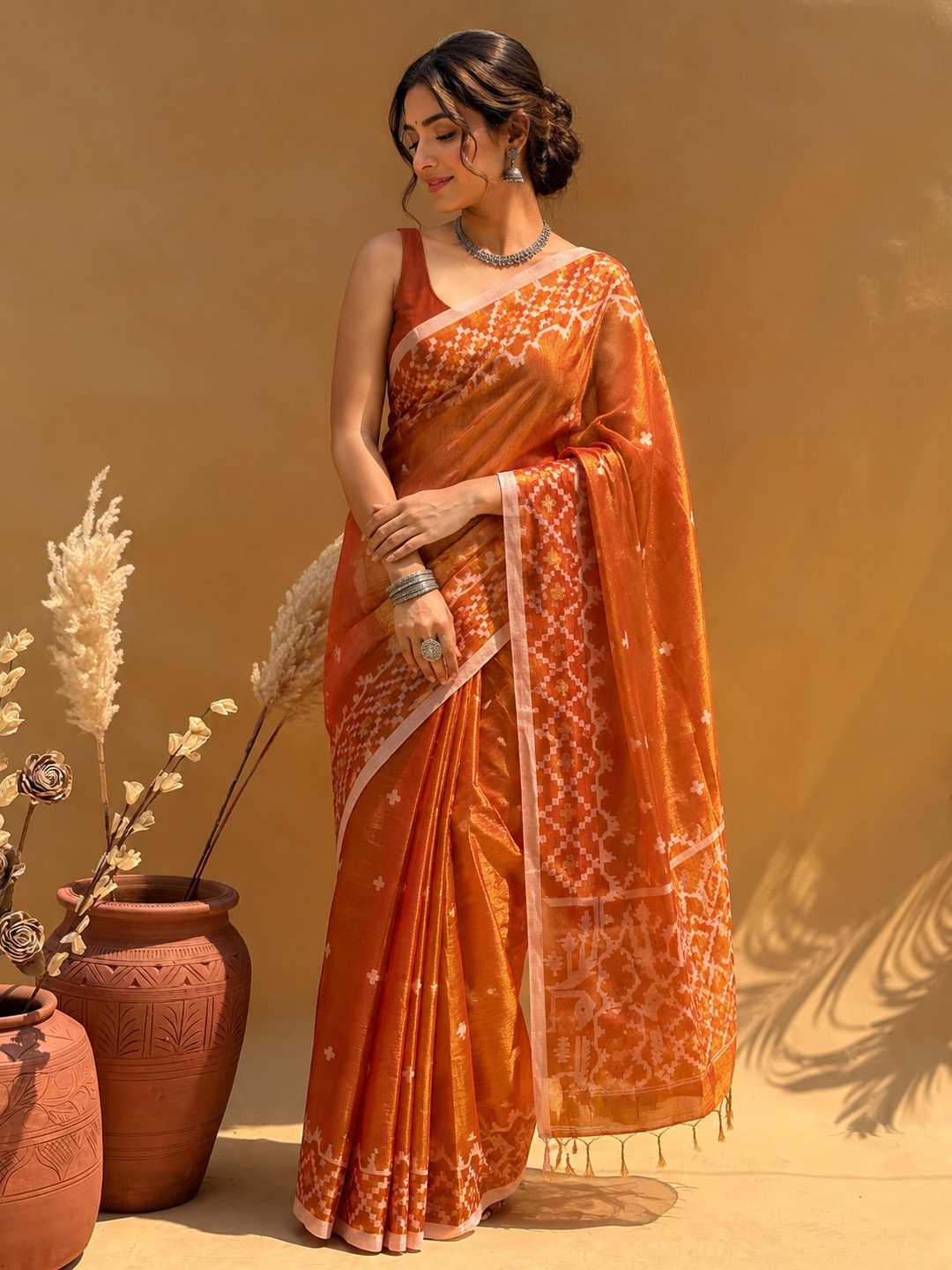 Orange Bengal Tissue Jamdani Work Saree - View 1