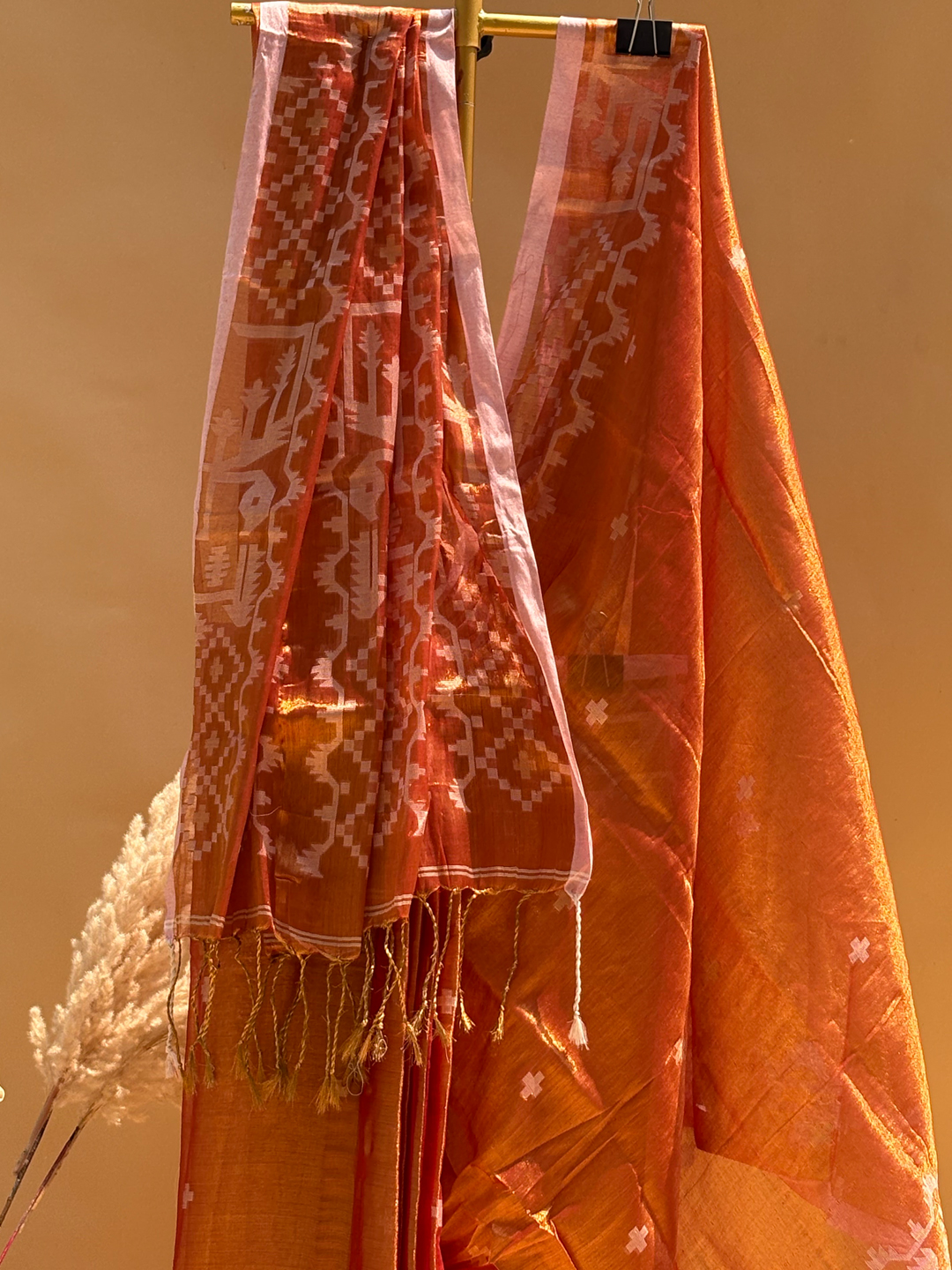 Orange Bengal Tissue Jamdani Work Saree - View 4