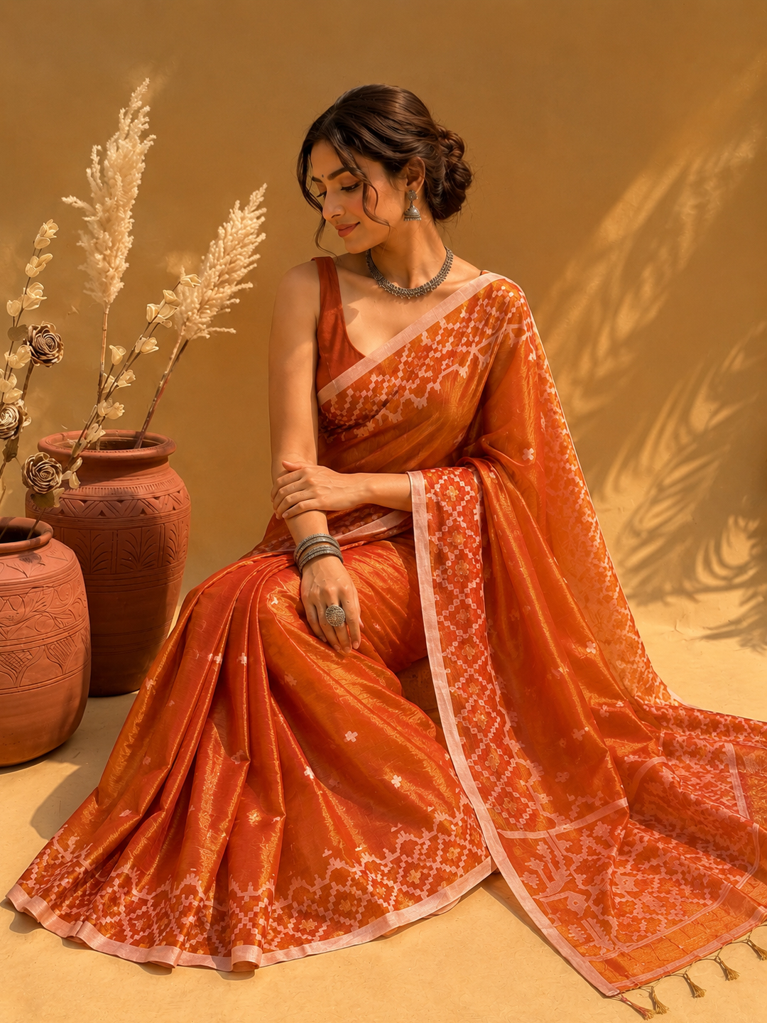 Orange Bengal Tissue Jamdani Work Saree - View 2