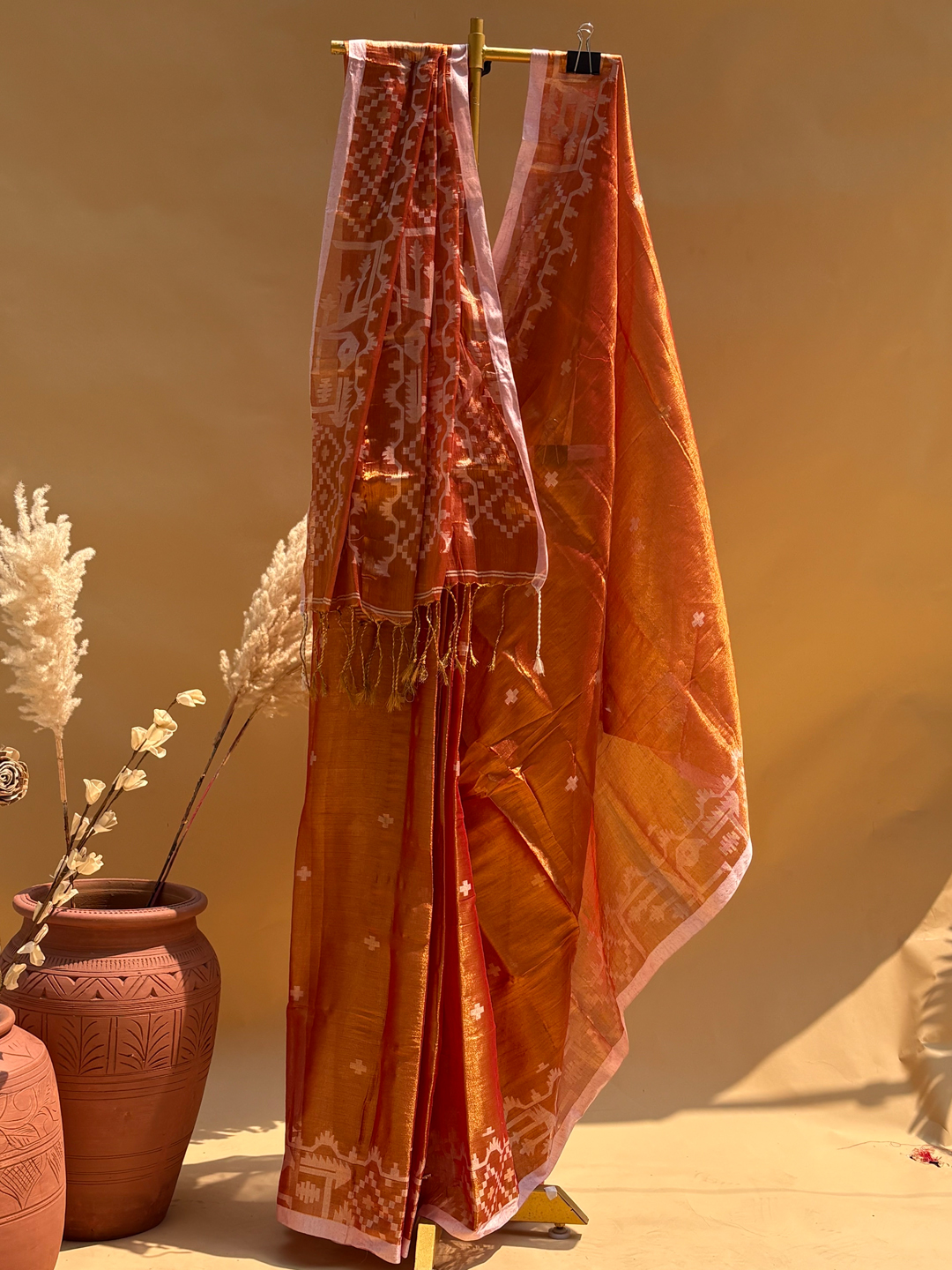 Orange Bengal Tissue Jamdani Work Saree - View 3