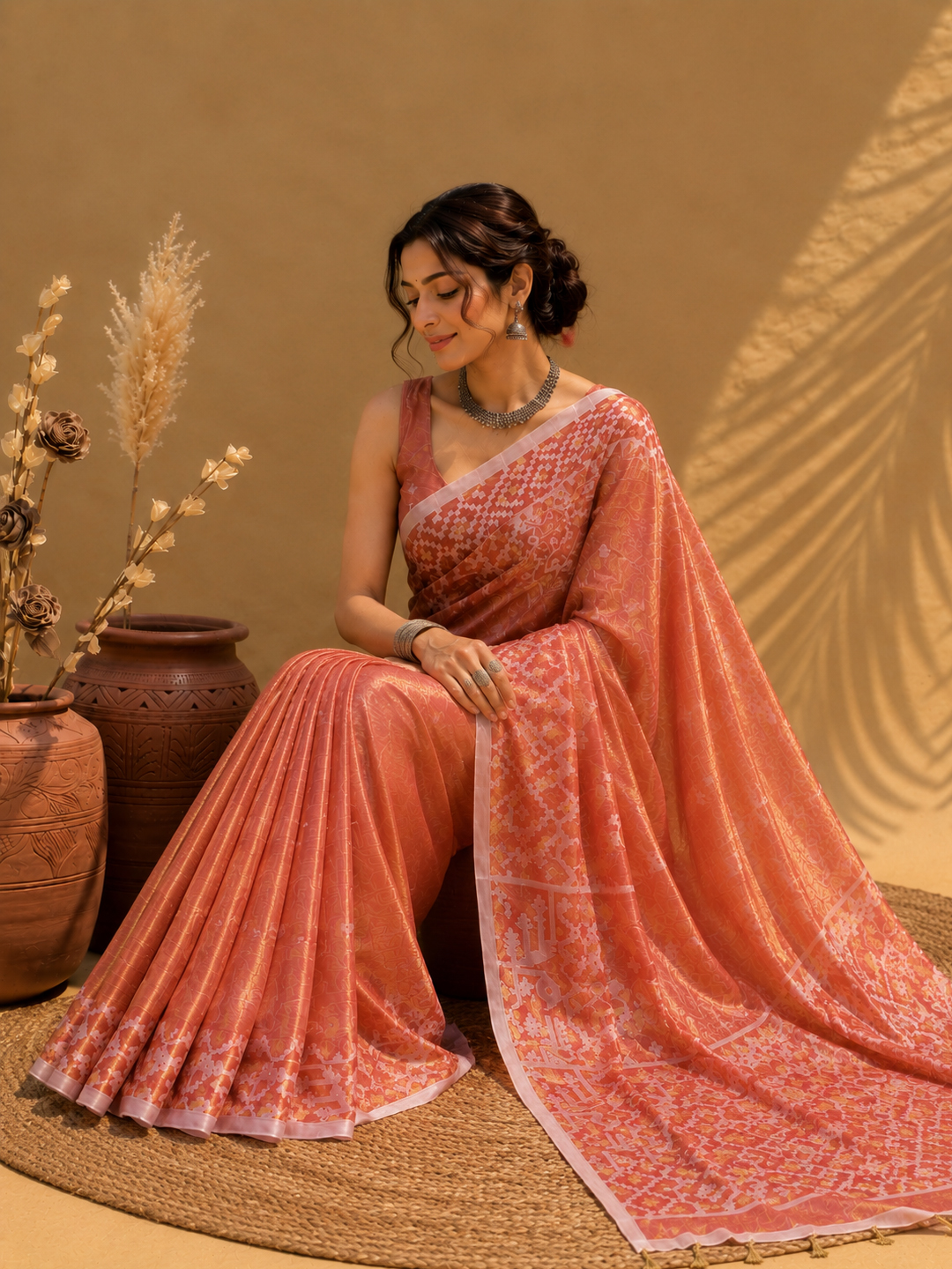 Peach Bengal Tissue Jamdani Work Saree