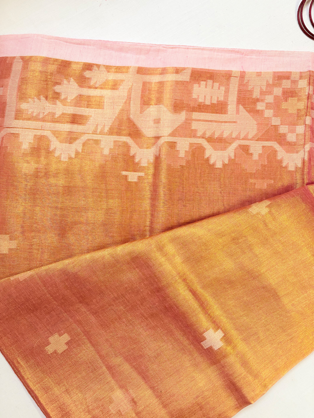Peach Bengal Tissue Jamdani Work Saree - View 8