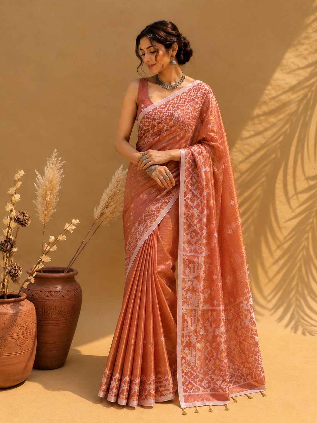 Peach Bengal Tissue Jamdani Work Saree - View 2