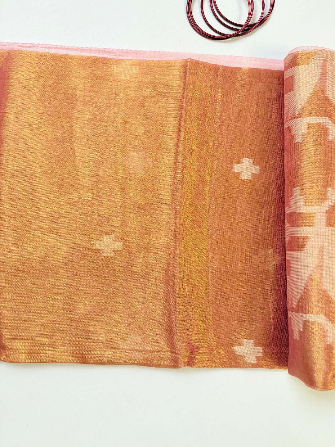 Peach Bengal Tissue Jamdani Work Saree - View 7