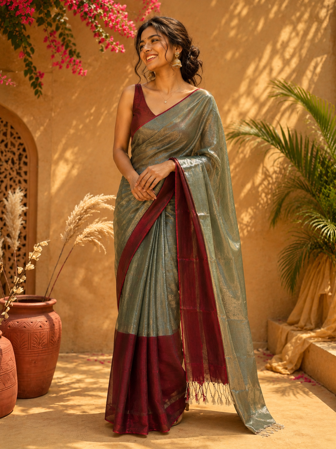 Green Bengal Tissue Saree With Dual Color Sage Green And Maroon