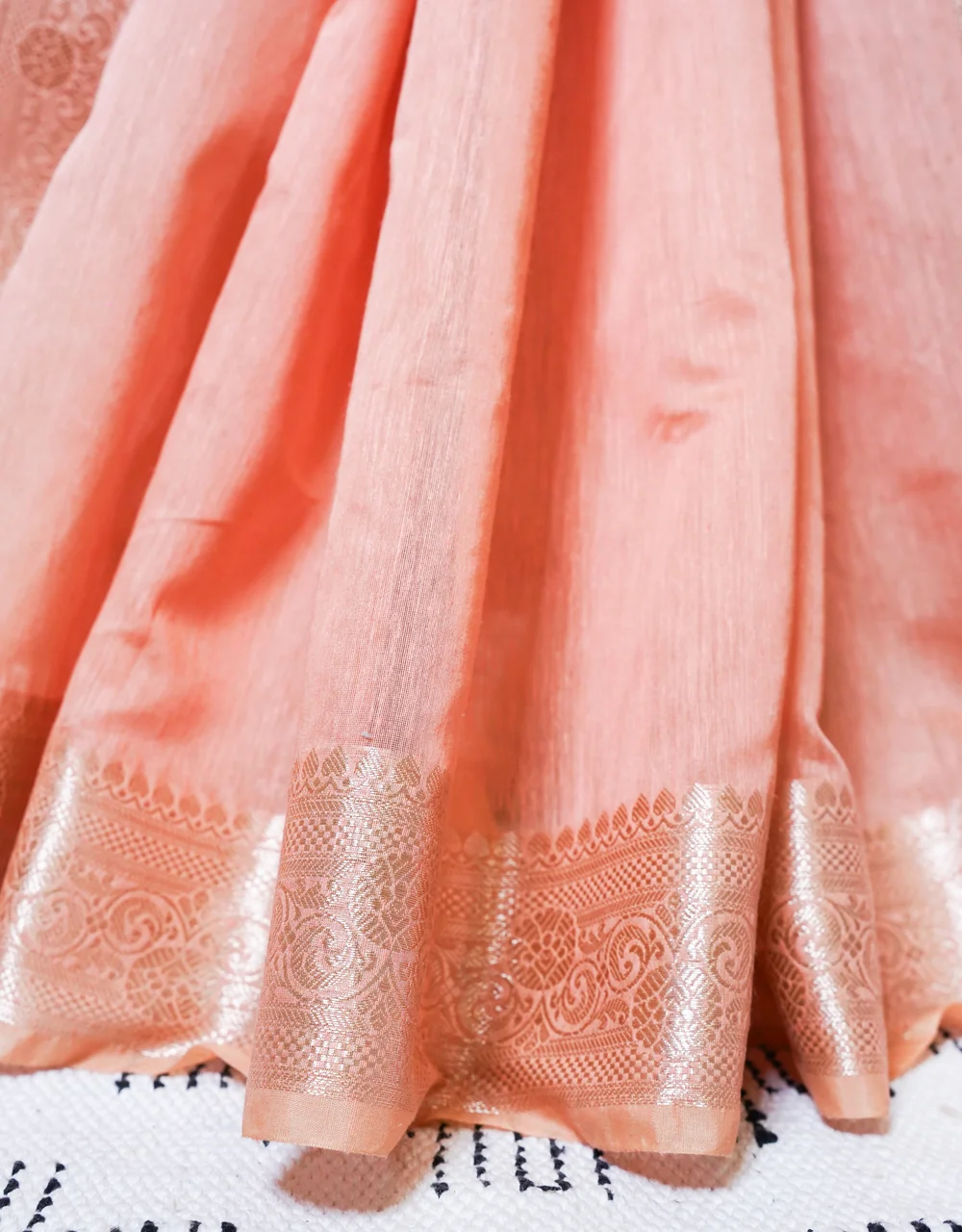 Peach Gold Zari Banarasi Linen Handloom Saree - View 5