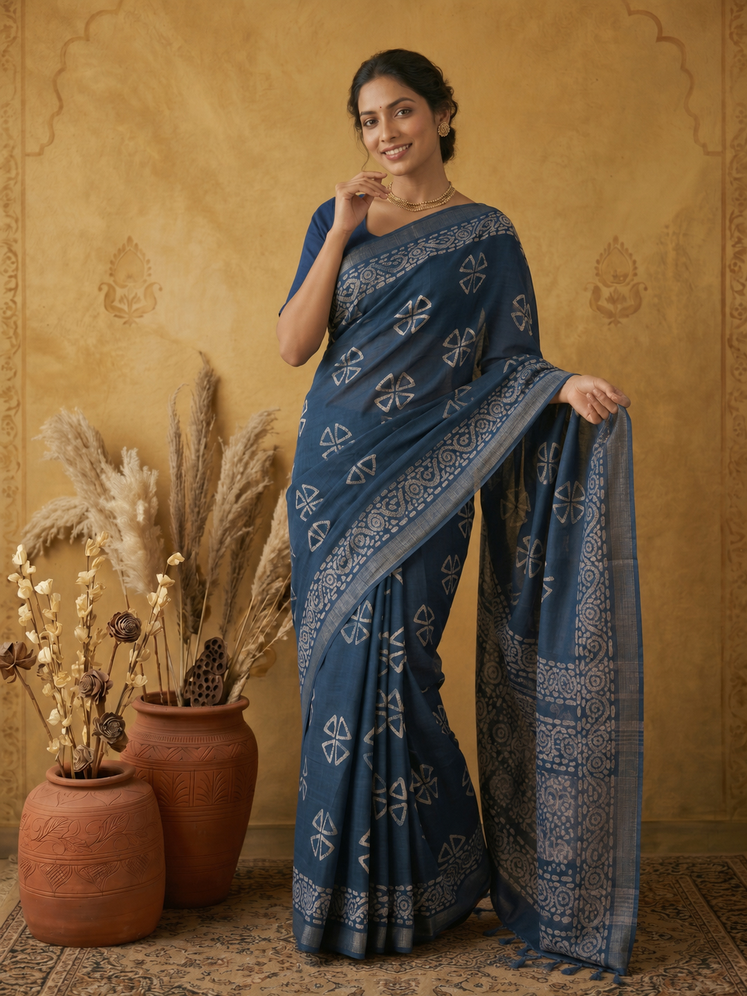 Indigo Handwoven Bengal Linen Saree With White Batik Print
