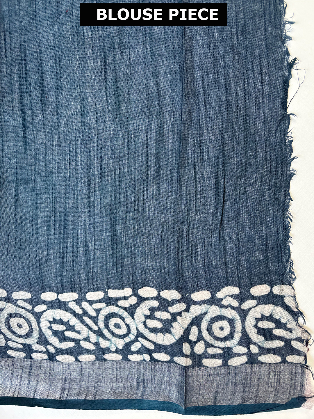 Indigo Handwoven Bengal Linen Saree With White Batik Print - View 8